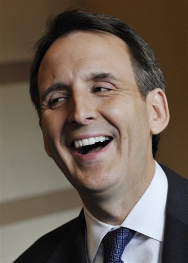 FILE - In this May 18, 2011 file photo, former Minnesota Gov. Tim Pawlenty talks with reporters prior to a fundraising dinner in Minneapolis. Pawlenty on Sunday, May 22, 2011 released an Internet video ahead of a public appearance Monday in Iowa, where he planned to formally enter the race for the 2012 GOP nomination. (AP Photo/Jim Mone, file) (AP)
