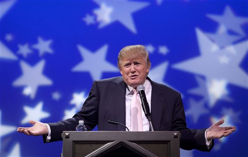 Donald Trump speaks to a crowd of 600 people during a gathering of Republican women's groups, Thursday, April 28, 2011, in Las Vegas. Trump's flirtation with a White House bid continued Thursday night with a lavish reception at the Treasure Island casino in Las Vegas.(AP Photo/Julie Jacobson) (AP)
