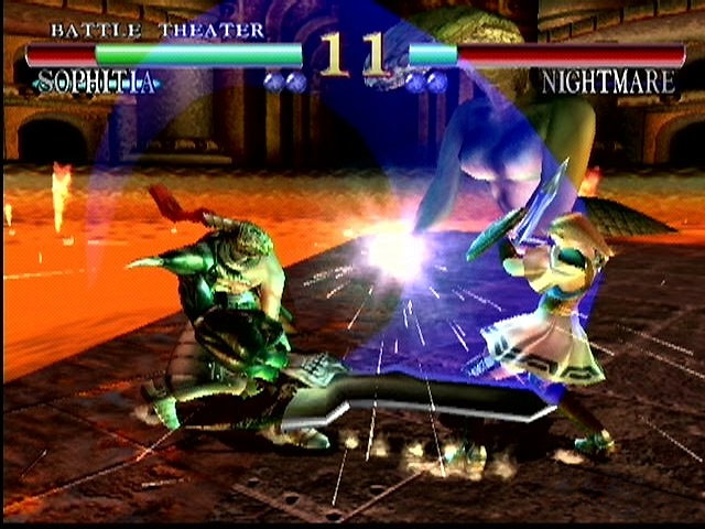 A screenshot depicting a battle between Sophita and Nightmare in "Soul Calibur"
