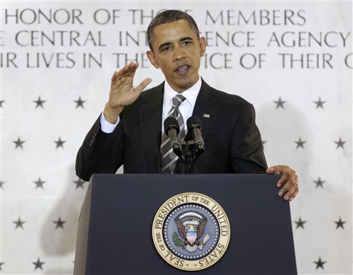President Barack Obama speaks to CIA employees at the CIA Headquarters, Friday, May 20, 2011 in Langley, Va. Obama congratulated the country's intelligence workers for the years of effort that led to the discovery and killing of terrorist Osama bin Laden. He also thanked them for their daily work in protecting America, saying he'd never felt prouder or more confident about them. He said they're proof that when Americans put their mind to something, "there is nothing we cannot do." (AP Photo/Carolyn Kaster) (AP)