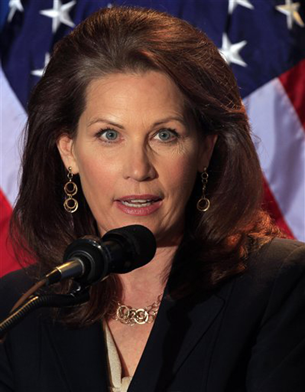 Possible 2012 presidential hopeful, U.S. Rep. Michelle Bachmann, R-Minn. speaks during a dinner sponsored by Americans for Prosperity, Friday, April 29, 2011 in Manchester , N.H. (AP Photo/Jim Cole) (Jim Cole)