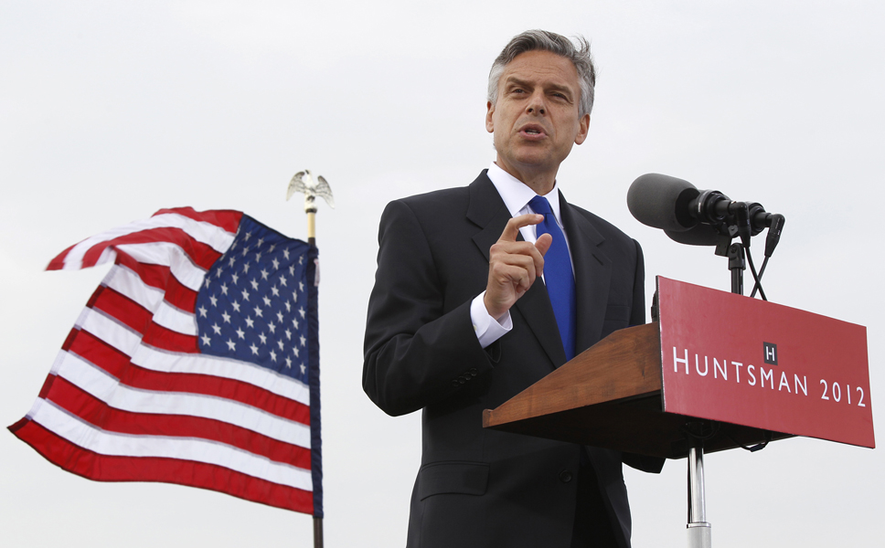 Former Utah Gov. Jon Huntsman announces his bid for the Republican presidential nomination, Tuesday, June 21, 2011, at Liberty State Park in Jersey City, N.J. (AP Photo/Mel Evans) (Mel Evans)