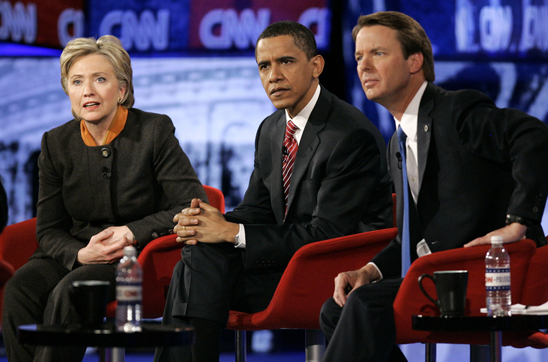 Democratic presidential hopefuls Sen. Hillary Rodham Clinton, D-N.Y., Sen. Barack Obama, D-Ill., and former Sen. John Edwards, D-N.C., listen to a question during a Democratic presidential debate in Myrtle Beach, S.C., Monday, Jan. 21, 2008. (AP Photo/Mary Ann Chastain) (Mary Ann Chastain)