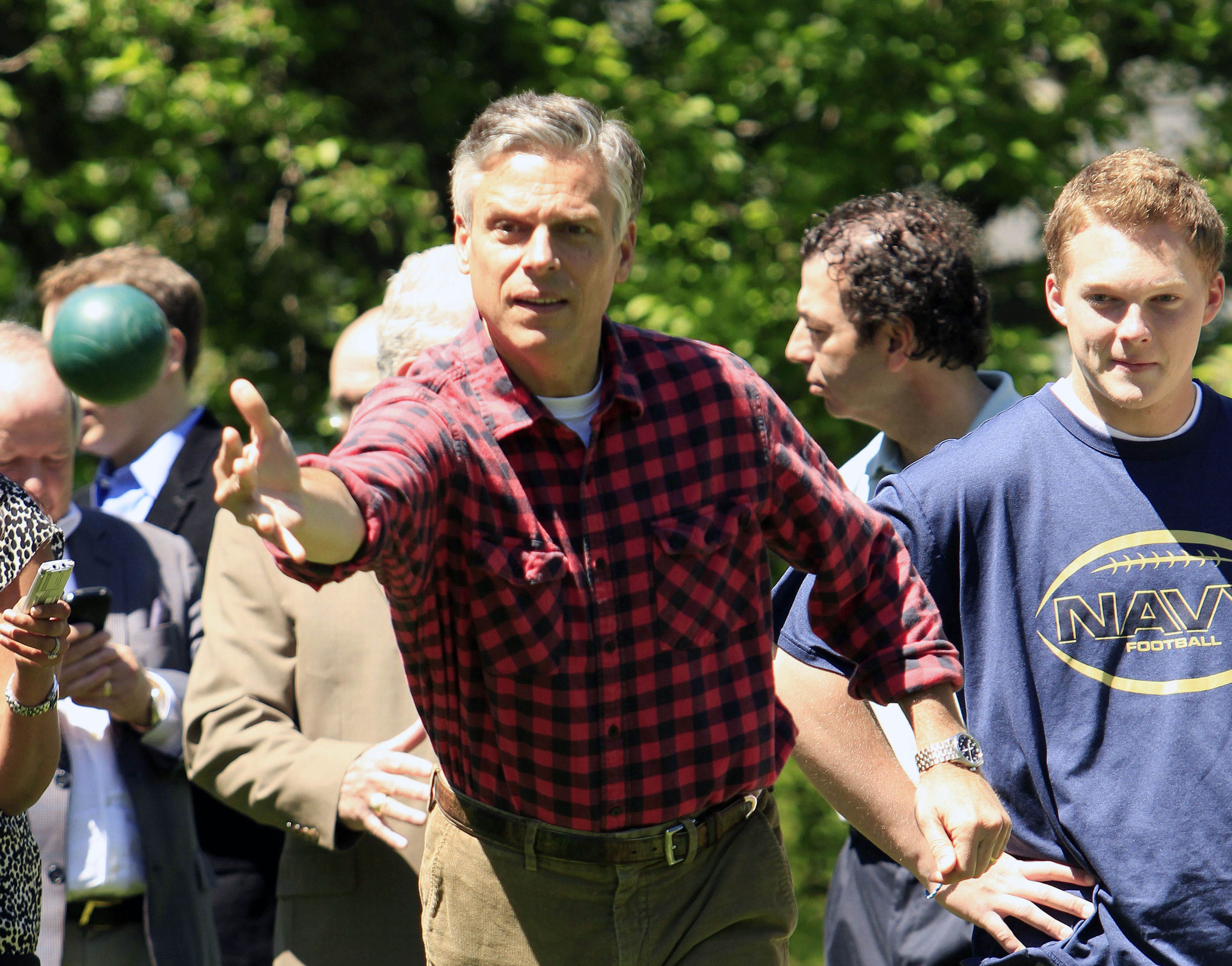 Possible 2012 presidential hopeful, former Republican Gov. Jon Huntsman, Jr., of Utah plays Bocci Saturday, June 4, 2011 in Gorham, N.H. (AP Photo/Jim Cole) (Associated Press)