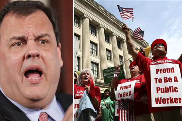 A large gathering of public employee union members and supporters protest Monday, June, 20, 2011, in Trenton, N.J., outside the Statehouse over plans by Gov. Chris Christie to reduce benefits and limit collective bargaining over health care for public workers.  (AP Photo/Mel Evans) (Mel Evans)