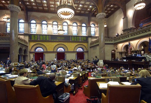 Members of the New York state Assembly hold a session at the Capitol in Albany, N.Y., Tuesday, June 14, 2011. Legalizing gay marriage in New York came within two votes of those needed for passage Monday as Gov. Andrew Cuomo rallied most Democrats and coaxed one Republican vote in the Senate. (AP Photo/Hans Pennink) (AP)