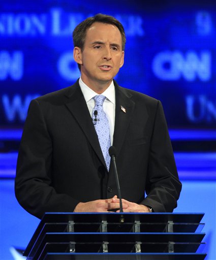 Former Minnesota Gov. Tim Pawlenty answers a question during the first New Hampshire Republican presidential debate at St. Anselm College in Manchester, N.H., Monday, June 13, 2011. (AP Photo/Jim Cole) (AP)
