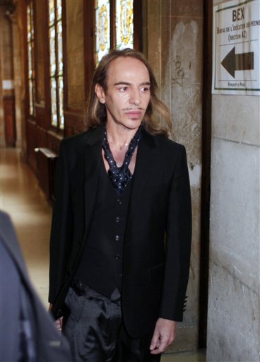 Former Dior designer John Galliano arrives at the Paris court house, Wednesday June 22, 2011, charged with hurling anti-Semitic slurs in a Paris cafe - allegations that shocked the fashion world and cost him his job at the renowned French high-fashion house. Galliano could face up to six months in prison and 22,500 euro ($32,175) in fines. The verdict is expected at a later date. (AP Photo/Thibault Camus) (AP)