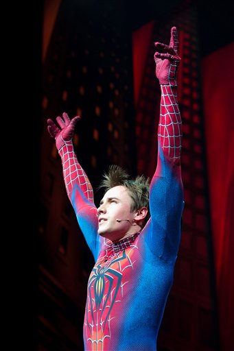 Reeve Carney appears onstage at the curtain call for the opening night performance of the Broadway musical Spider-Man Turn Off the Dark in New York, Tuesday, June 14, 2011. (AP Photo/Charles Sykes) (AP)