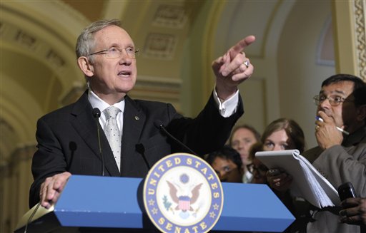 Senate Majority Leader Harry Reid of Nev. speaks to reporters on Capitol Hill in Washington, Tuesday, June 21, 2011, after the policy lunches. (AP Photo/Susan Walsh) (AP)