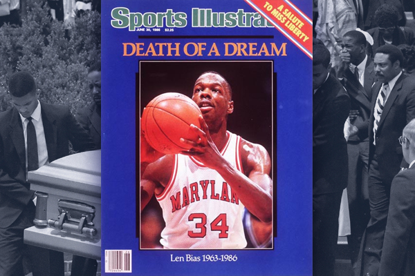 Background: Friends of the late University of Maryland basketball star Len Bias carry his casket from the college chapel in this June 23, 1986 after a private funeral at College Park, MD.