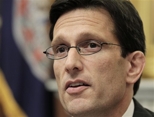 House Majority Leader Eric Cantor, R-Va., meets with reporters in his office at the Capitol in Washington, Monday,  June 13, 2011. Cantor praised Vice President Joe Biden for his shepherding of the bi-partisan Congressional panel working to solve the debt crisis. (AP Photo/J. Scott Applewhite) (AP)