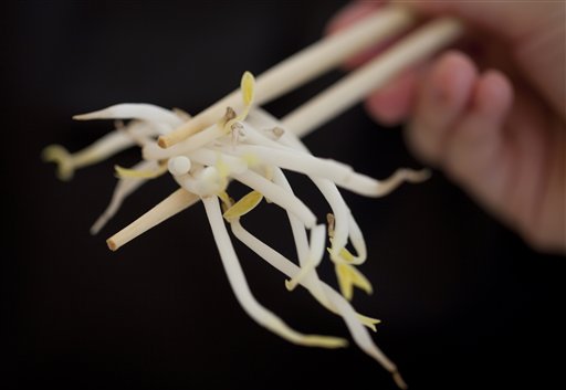 A woman holds bean sprouts with chopsticks in Berlin, Germany, Sunday, June 5, 2011. Health authorities say locally grown beansprouts in northern Germany have been identified as the likely cause of an outbreak of E. coli that has killed at least 22 people and sickened hundreds in Europe. (AP Photo/Gero Breloer) (AP)