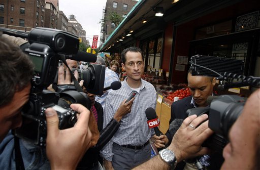 Rep. Anthony Weiner, D-N.Y., is questioned by the media near his home in the Queens borough of New York, Saturday, June  11, 2011. The 46-year-old congressman acknowledged Friday that he had online contact with a 17-year-old girl from Delaware but said there was nothing inappropriate. (AP Photo/David Karp) (AP)