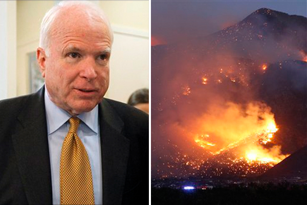Sen John McCain. Right: The Monument Fire burns a hillside just south of Sierra Vista, Ariz. on Sunday, June 19, 2011.