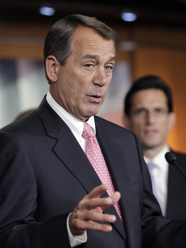 House Speaker John Boehner of Ohio speaks to reporters on Capitol Hill in Washington, Thursday, June 16, 2011. Boehner reasserted that the scandal surrounding Rep. Anthony Weiner, D-NY, had become a distraction from the important work in Congress. House Majority Leader Eric Cantor of Virginia is at right. (AP Photo/J. Scott Applewhite) (AP)