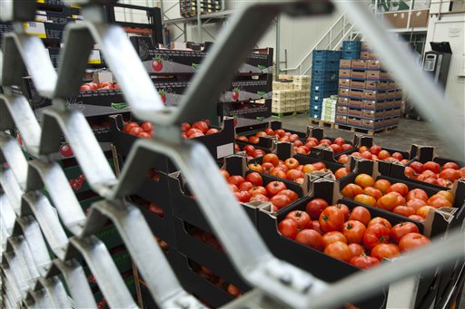 Boxes containing  tomatoes stand behind a fence at the closed shop of a distributor at the central fruit and vegetable market in Berlin on Tuesday, afternoon, May 31, 2011. The selling of vegetables especially tomatoes, cucumbers and salad went down after the products are suspected to cause the E. coli outbreak in Germany. (AP Photo/Markus Schreiber) (AP)