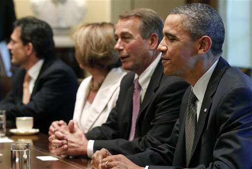 In this July 14, 2011, file photo, President Barack Obama sits with House Speaker John Boehner of Ohio, House Minority Leader Nancy Pelosi of California, House Majority Leader Eric Cantor of Virginia, as he meets with Republican and Democratic leaders regarding the debt ceiling in the Cabinet Room of the White House in Washington, Thursday, July 14, 2011. Obama's decision to haul lawmakers in day by day to negotiate a debt deal comes down to reality: He has no other choice. The president has essentially cleared his agenda to deal with one enormous crisis.  (AP Photo/Charles Dharapak) (AP)