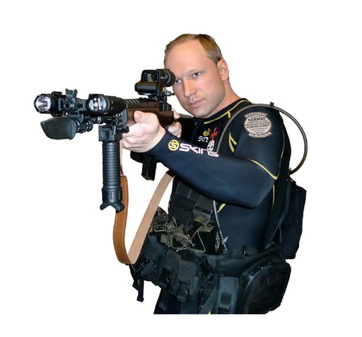 EDS NOTE: IMAGE HAS BEEN DIGITALLY ALTERED BY THE ORIGINAL SOURCE TO REMOVE THE BACKGROUND - This image shows Anders Behring Breivik from a manifesto attributed to him that was discovered Saturday, July 23, 2011. Breivik is a suspect in a bombing in Oslo and a shooting on a nearby island which occurred on Friday, July 22, 2011. The Norwegian news agency NTB said Breivik wrote a 1,500-page manifesto before the attack in which he attacked multiculturalism and Muslim immigration. The document, which contained this and other photos, also described how to acquire explosives. (AP Photo/via Scanpix) (AP)