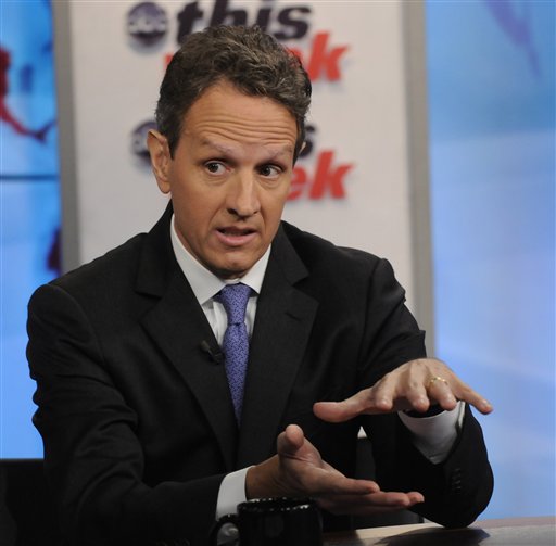 In this photo provided by ABC News U.S. Treasury Secretary Timothy Geithner talks about the debt-ceiling on ABC's "This Week" Sunday, July 24, 2011, in Washington. Congressional leaders in Washington planned to work on a fiercely hot Sunday to try to reach a bipartisan accord to avert a debt-ceiling crisis on Aug. 2. (AP Photo/ABC, Fred Watkins) (AP)
