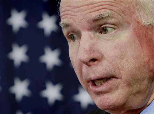 U.S. Senator John McCain, R-Ariz, speaks with other U.S. Senators Joe Lieberman, I-Conn, and Lindsay Graham, R-SC, unseen, during a press conference in Kabul, Afghanistan Sunday, July 3, 2011. Three U.S. Senators visiting Kabul on Sunday say they worry that President Barack Obama's planned withdrawal of 33,000 American troops by September 2012 could undermine Afghan morale, embolden the insurgency, and hamper efforts to defeat Taliban fighters in eastern Afghanistan. (AP Photo/Musadeq Sadeq) (AP)