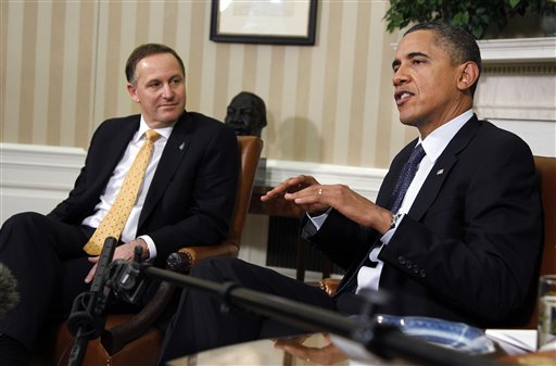 President Barack Obama, right, with New Zealands Prime Minister John Key, delivers a statement in the Oval Office of the White House in Washington following their meeting Friday, July 22, 2011.  (AP Photo/Manuel Balce Ceneta) (AP)