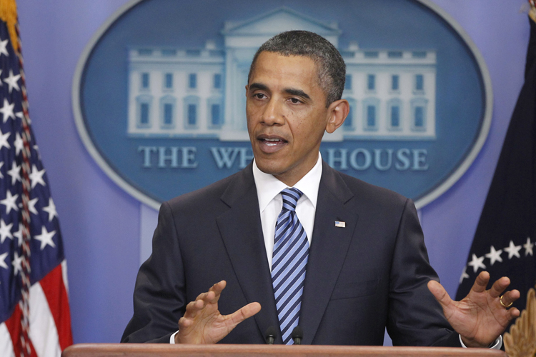 President Barack Obama makes a statement to reporters about debt ceiling negotiations, Tuesday, July 5, 2011, in the James Brady Press Briefing Room of the White House in Washington. (AP Photo/Charles Dharapak) (Charles Dharapak)
