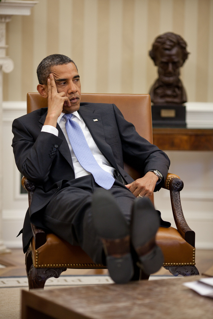 President Barack Obama listens during a meeting with advisors in the Oval Office, June 8, 2011. (Official White House Photo by Pete Souza)

This official White House photograph is being made available only for publication by news organizations and/or for personal use printing by the subject(s) of the photograph. The photograph may not be manipulated in any way and may not be used in commercial or political materials, advertisements, emails, products, promotions that in any way suggests approval or endorsement of the President, the First Family, or the White House. (The White House)