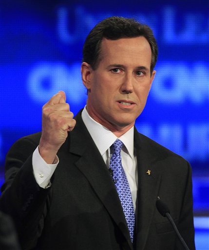 Former Pennsylvania Sen. Rick Santorum speaks during the first New Hampshire Republican presidential debate at St. Anselm College in Manchester, N.H., Monday, June 13, 2011. (AP Photo/Jim Cole) (AP)