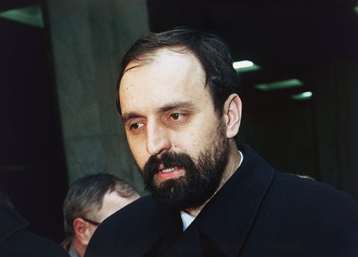 FILE - In this Feb. 6, 1993 file photo, Goran Hadzic, who heads representatives of the Krajina Serbs, talks with reporters at the United Nations in New York, United States. It has been reported on Wednesday, July 20, 2011 by Serbian TV station B92 that  authorities have arrested Goran Hadzic, the last remaining fugitive sought by the U.N. war crimes court. Hadzic has been on the run for eight years. He is wanted for atrocities stemming from the 1991-1995 war in Croatia. (AP Photo/Bebeto Matthews, File) (AP)