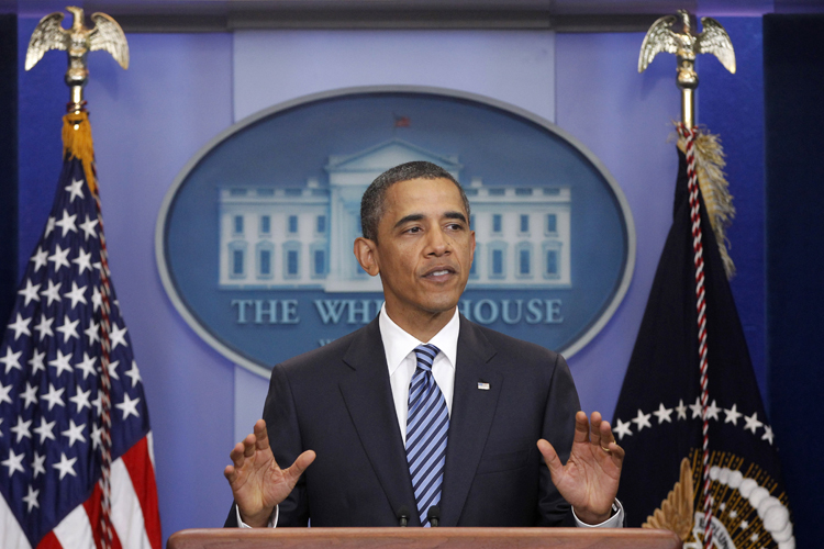 President Barack Obama makes a statement to reporters about debt ceiling negotiations, Tuesday, July 5, 2011, in the James Brady Press Briefing Room of the White House in Washington.  (AP Photo/Charles Dharapak) (Charles Dharapak)