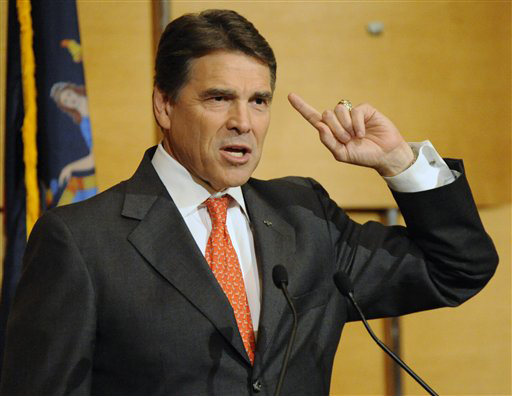 Texas Gov. Rick Perry speaks at the Lincoln Dinner, an annual fundraising event for the New York GOP, Tuesday, June 14, 2011 in New York. Perry stirred speculation Tuesday that he would seek the 2012 Republican presidential nomination, championing his state's economy before a packed GOP gathering in New York and telling a television interviewer he would engage in a "thought process" before deciding whether to join the field. (AP Photo/Bill Kostroun) (Bill Kostroun)