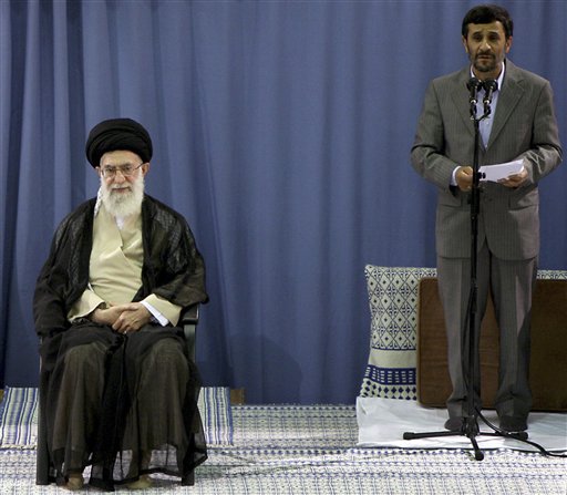 FILE - This Monday, Aug. 3, 2009 file photo released by the official website of the Iranian Supreme Leader's office, shows Iranian President Mahmoud Ahmadinejad, right, delivering a speech after Supreme Leader Ayatollah Ali Khamenei, seated at left, formally endorsed him for a second term as President during an official ceremony in Tehran, Iran. As Iran's capacity to build nuclear weapons grows, intelligence assessments from nations that follow Tehran's atomic progress discern increasing indecision and squabbling by its leadership on whether to make such arms -  and if so, how overtly. Most suggest Ahmadinejad is more circumspect. But an intelligence summary shared recently with The Associated Press sees Supreme Leader Ayatollah Ali Khamenei as the more cautious of the two and says the Revolutionary Guard is benefiting from the dispute, with some of the authority normally exercised by the president devolving to it. (AP Photo/Office of the Supreme Leader, File) ** EDITORIAL USE ONLY, NO SALES ** EDITORS NOTE AS A RESULT OF AN OFFICIAL IRANIAN GOVERNMENT BAN ON FOREIGN MEDIA COVERING SOME EVENTS IN IRAN, THE AP WAS PREVENTED FROM INDEPENDENT ACCESS TO THIS EVENT (AP)