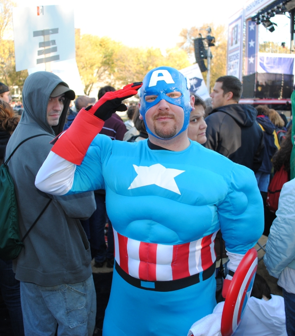 Captain America salutes reasonableness at the Rally to Restore Sanity in Washington, D.C. on October 30, 2010