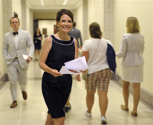 Republican presidential candidate, Rep. Michele Bachmann, R-Minn. heads to a news conference on Capitol Hill in Washington, Wednesday, July 13, 2011. (AP Photo/Susan Walsh) (AP)