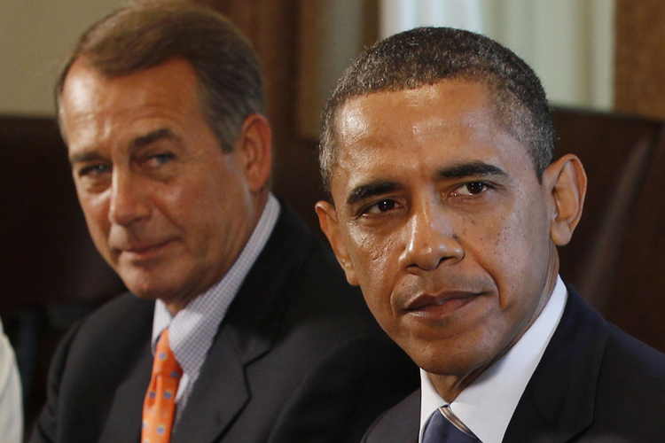 U.S. President Barack Obama (R) and Speaker of the House John Boehner are joined by Congressional leaders as they discuss ongoing efforts to find a balanced approach to deficit reduction in the Cabinet Room of the White House in Washington July 7, 2011. Congressional leaders are still far apart on a wide range of budget issues but agree on the need to raise the U.S. debt ceiling, and will meet again on Sunday, Obama said on Thursday. REUTERS/Larry Downing (UNITED STATES - Tags: POLITICS BUSINESS) (Â© Larry Downing / Reuters)