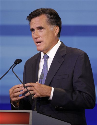 Republican presidential candidate former Massachusetts Gov. Mitt Romney speaks during the Iowa GOP/Fox News Debate at the CY Stephens Auditorium in Ames, Iowa, Thursday, Aug. 11, 2011. (AP Photo/Charlie Neibergall, Pool) (AP)