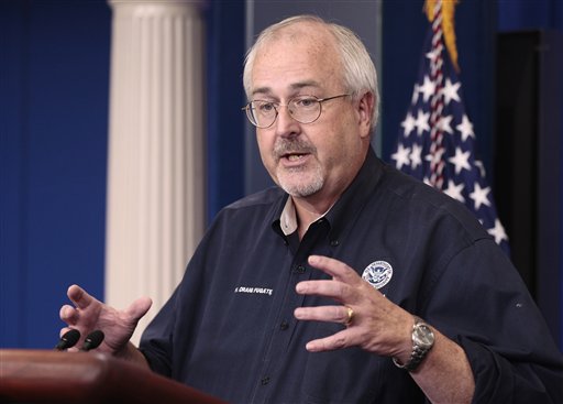 FEMA Administrator Craig Fugate gestures during the daily news briefing at the White House in Washington, Monday, Aug., 29, 2011. (AP Photo/Pablo Martinez Monsivais) (AP)