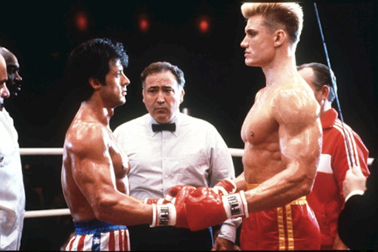 Sylvester Stallone and Dolph Lundgren in "Rocky IV"