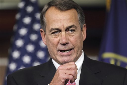 House Speaker John Boehner Ohio speaks during a news conference on Capitol Hill in Washington, Monday, Aug. 1, 2011,  as lawmakers work to finalize the debt deal agreement with one day left to avert a default.     (AP Photo/J. Scott Applewhite) (AP)