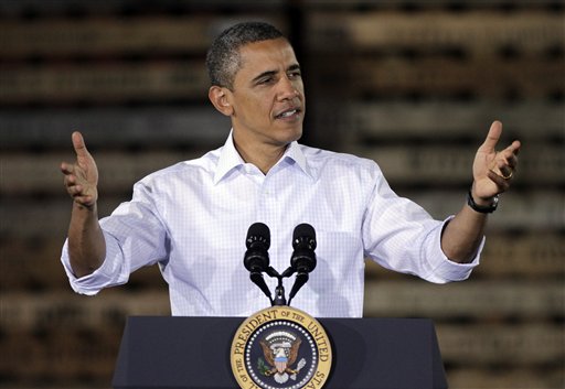 President Barack Obama speaks during a town hall meeting at Wyffels Hybrids Inc., seed company, Wednesday, Aug. 17, 2011, in Atkinson, Ill. (AP Photo/Charlie Neibergall) (AP)