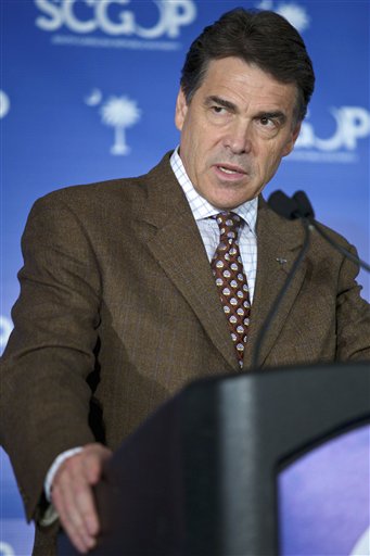 Republican presidential candidate, Texas Gov. Rick Perry, speaks to members of the South Carolina GOP during a lunch in Columbia, S.C., Friday, August 19, 2011.  (AP Photo/Brett Flashnick) (AP)