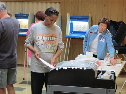 A voter in Glendale, Wis., casts a ballot in a Democratic primary on Thursday, July 12, 2011, as part of recall efforts against Republican state Sen. Alberta Darling. Darling is one of six Republican state senators being targeted for recall for supporting Republican Gov. Scott Walkers budget-repair bill this winter. Three Democratic state senators are also being targeted for recall for fleeing the state to stall action on the bill.  (AP Photo/Dinesh Ramde) (AP)