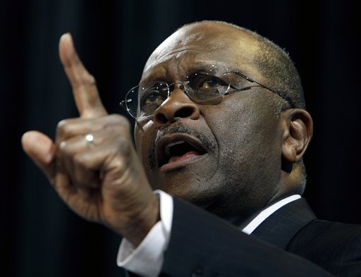 Republican presidential candidate and former CEO of Godfather's Pizza Herman Cain speaks during the Iowa Republican Party's Straw Poll, Saturday, Aug. 13, 2011, in Ames, Iowa. (AP Photo/Charlie Neibergall) (AP)