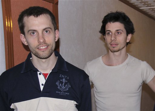 FILE - In this May 21, 2010 file photo, American hikers Shane Bauer, left, and Josh Fattal are shown in Tehran, Iran. The lawyer for two Americans jailed as spies in Iran says a $1 million bail-for-freedom deal has been approved by the courts, clearing the way for the release of the men after more than two years in custody. Masoud Shafiei says he plans to go to Tehran's Evin prison later on Wednesday Sept. 21, 2011 to begin the procedures for the release of Shane Bauer and Josh Fattal.  (AP Photo/Press TV, File) (AP)