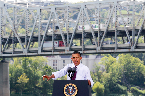 President Obama speaks in front of the dilapidated Brent Spence Bridge during a visit to Cincinnati on Sept. 22. (Reuters/John Sommers II)