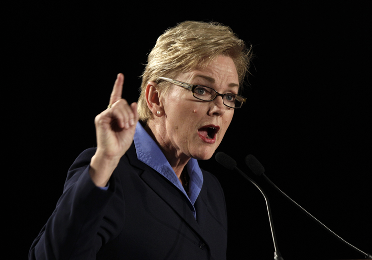 Michigan Gov. Jennifer Granholm speaks during a Ford Motor Company news conference at the Ford Van Dyke Transmission Plant in Sterling Heights, Mich., Monday, Oct. 25, 2010. Ford said Monday it will invest $850 million in several Detroit-area plants to build its new six-speed transmissions and improve facilities.  (AP Photo/Paul Sancya) (Paul Sancya)