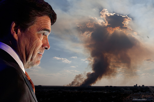 Gov. Rick Perry. Right: Wildfires in George Bush Park in West Houston on Sept. 13, 2011. (Reuters/<span about='http://www.flickr.com/photos/eschipul/6145536002/' xmlns:cc='http://creativecommons.org/ns#'><a href='http://www.flickr.com/photos/eschipul/6145536002/' rel='cc:attributionURL' target='_blank'>Ed Schipul</a> / <a href='http://creativecommons.org/licenses/by/3.0/' rel='license' target='_blank'>CC BY 3.0</a></span>)