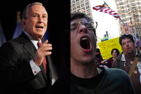 Michael Bloomberg and an Occupy Wall Street protester shouting slogans (AP/Reuters)