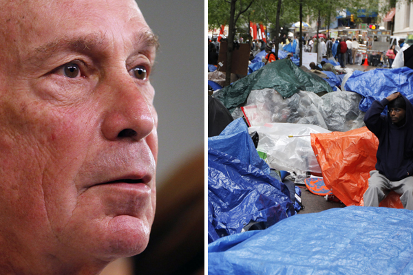 A member of the Occupy Wall St movement in Zuccotti Park. Left: Mayor Bloomberg (Â© Jessica Rinaldi / Reuters)
